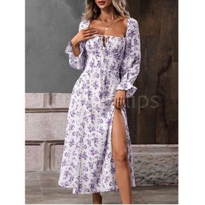 Floral Print Dress Square Neck Fit & Flare Maxi Long Sleeve Leg Slit Front Ties